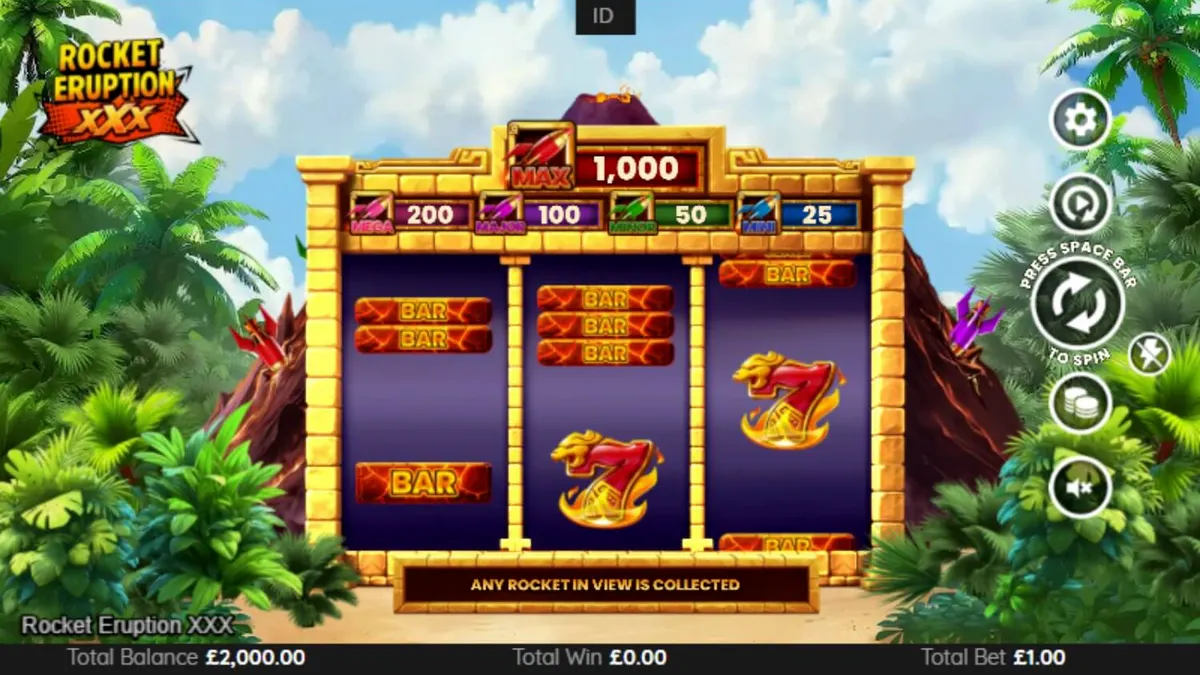 Tampilan visual slot Rocket Eruption XXX dengan simbol retro dan latar belakang gunung berapi.
